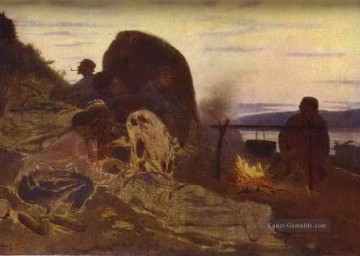  Repin Malerei - Lastkähne mit Lagerfeuer 1870 Ilya Repin